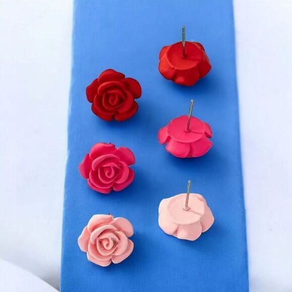 Small Rose Earrings Hot Pink Pierced Ear Stud Post Women's Jewelry Gift Romantic - Picture 8 of 8